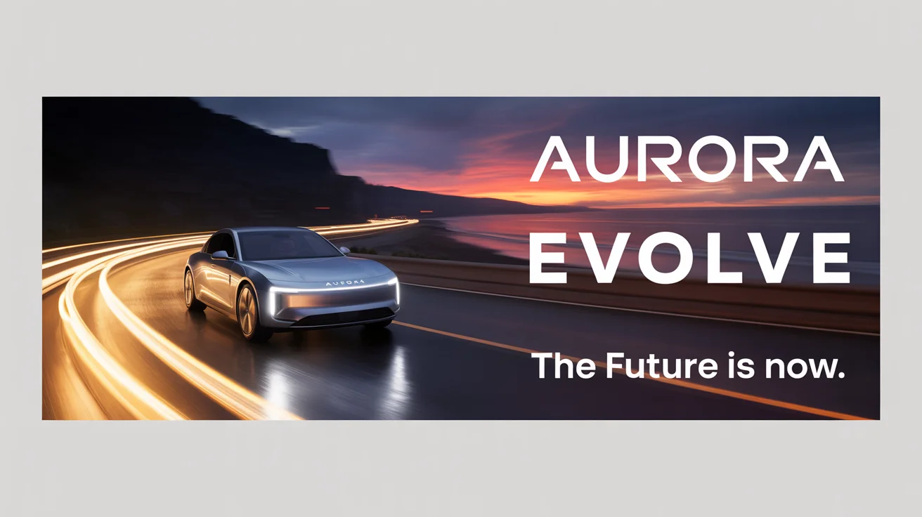 A photorealistic mockup of a large, horizontal billboard on a white background. The billboard advertises a luxury electric car, the 'Aurora Evolve', with an image of the car on a coastal road at sunset and the slogan 'The Future is Now.'