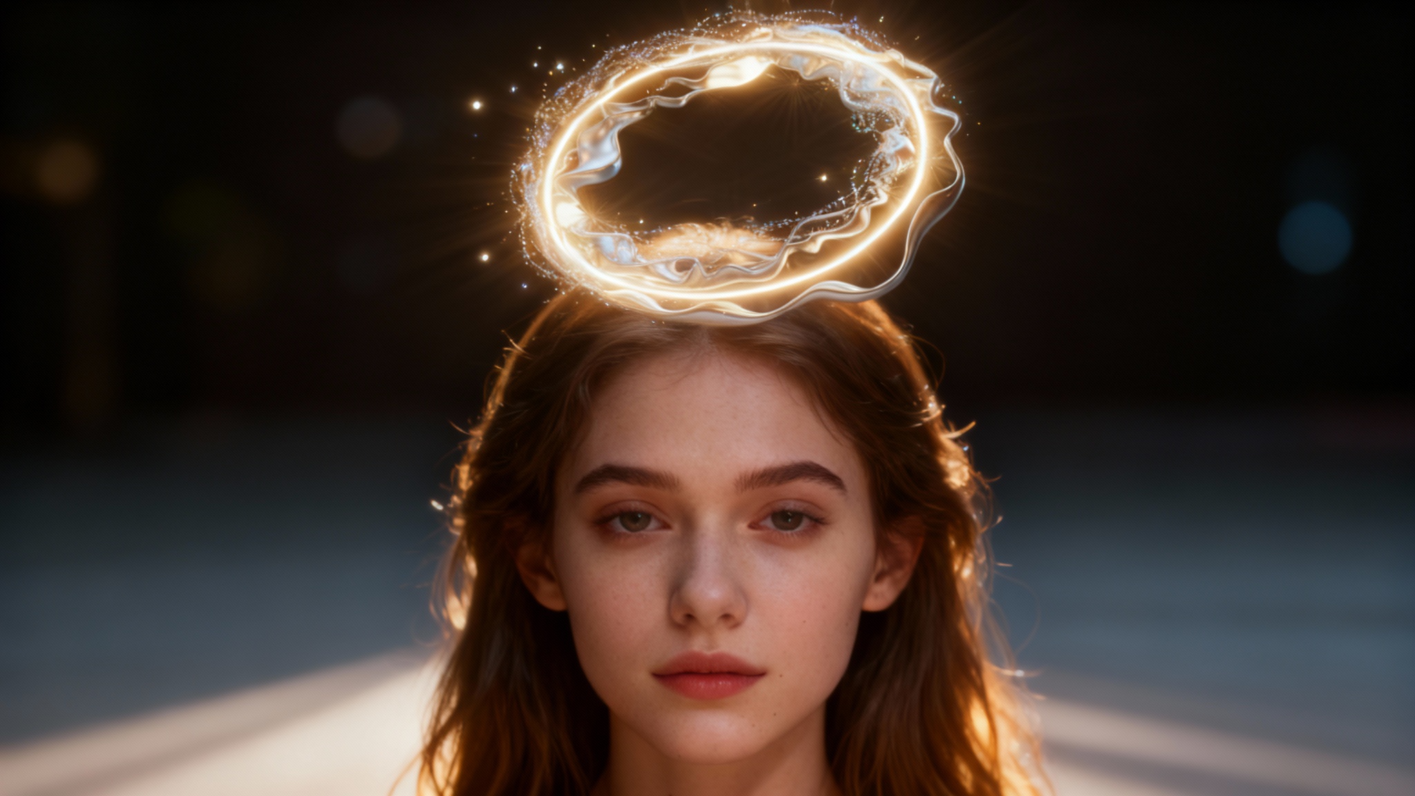 A beautiful portrait of a woman with a glowing golden angel halo floating above her head, showing the final result of a photo editing effect.