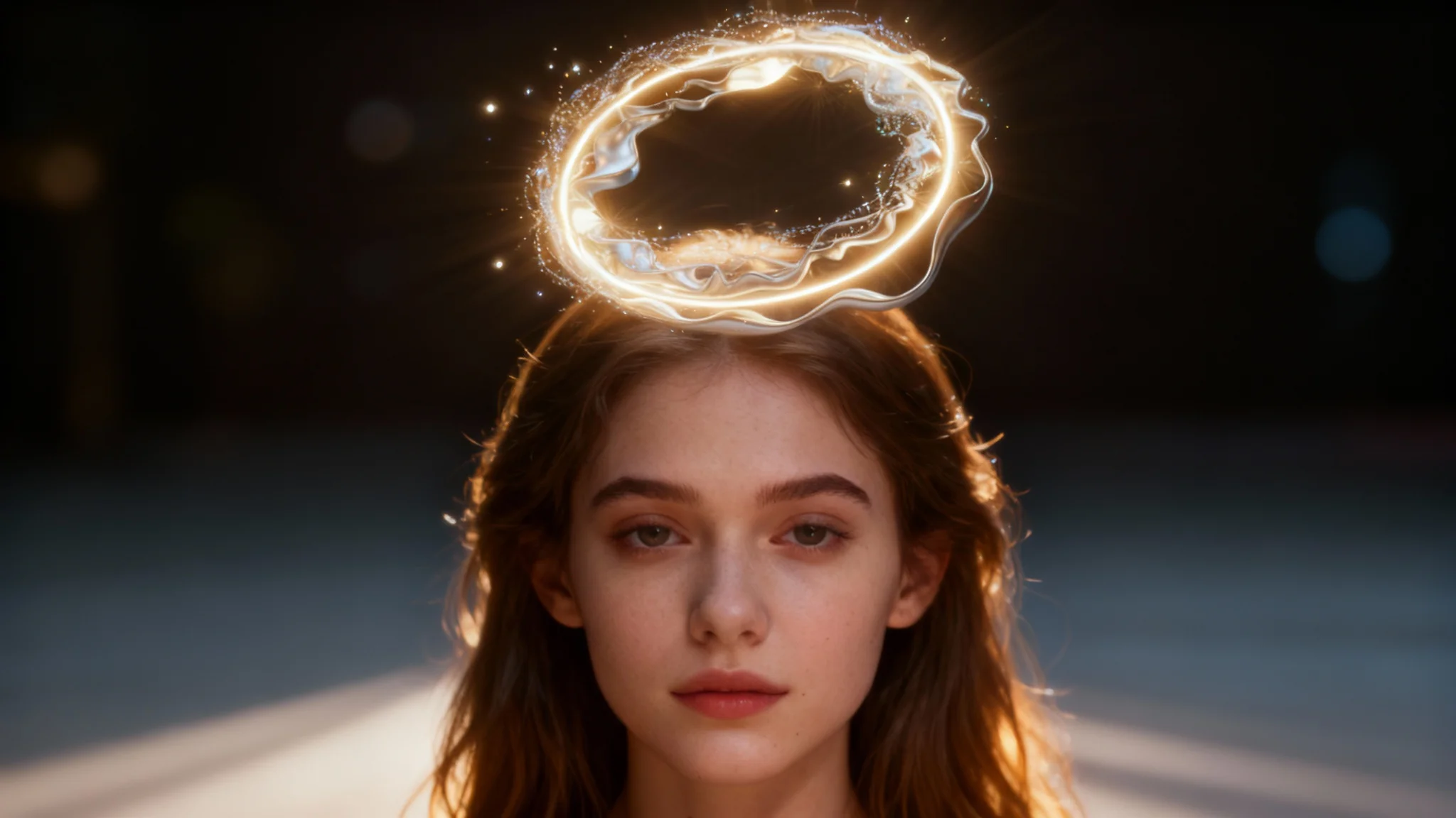 A beautiful portrait of a woman with a glowing golden angel halo floating above her head, showing the final result of a photo editing effect.