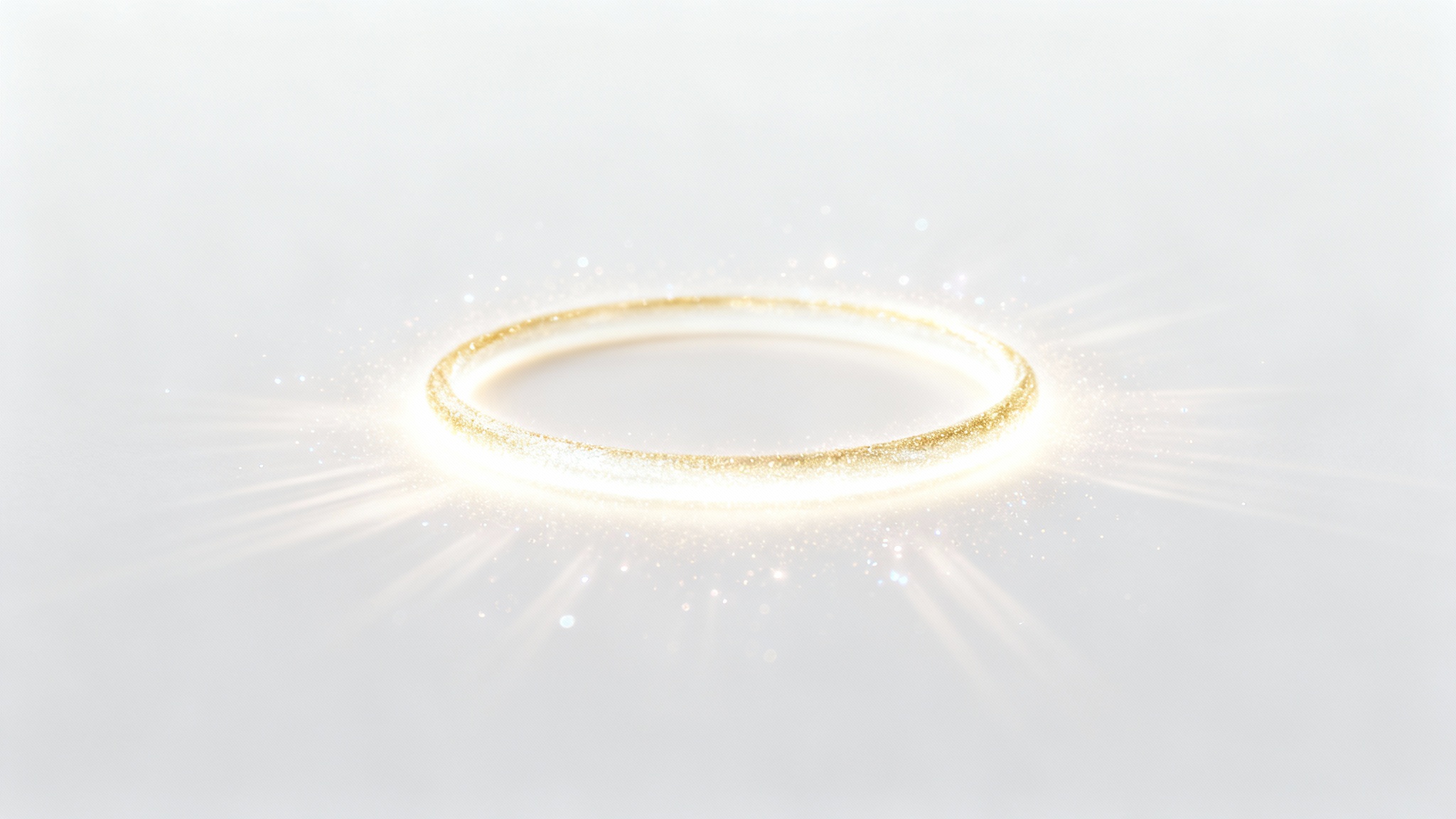 A photorealistic image of a glowing golden angel halo floating majestically against a solid white background, radiating soft light.