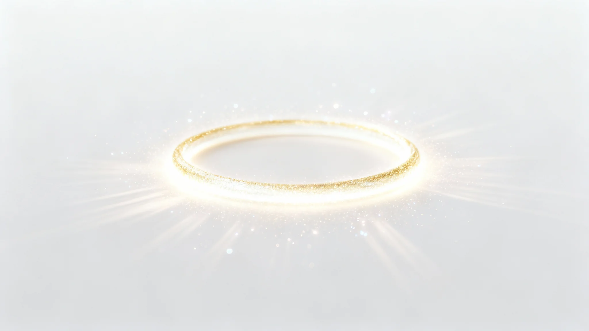 A photorealistic image of a glowing golden angel halo floating majestically against a solid white background, radiating soft light.