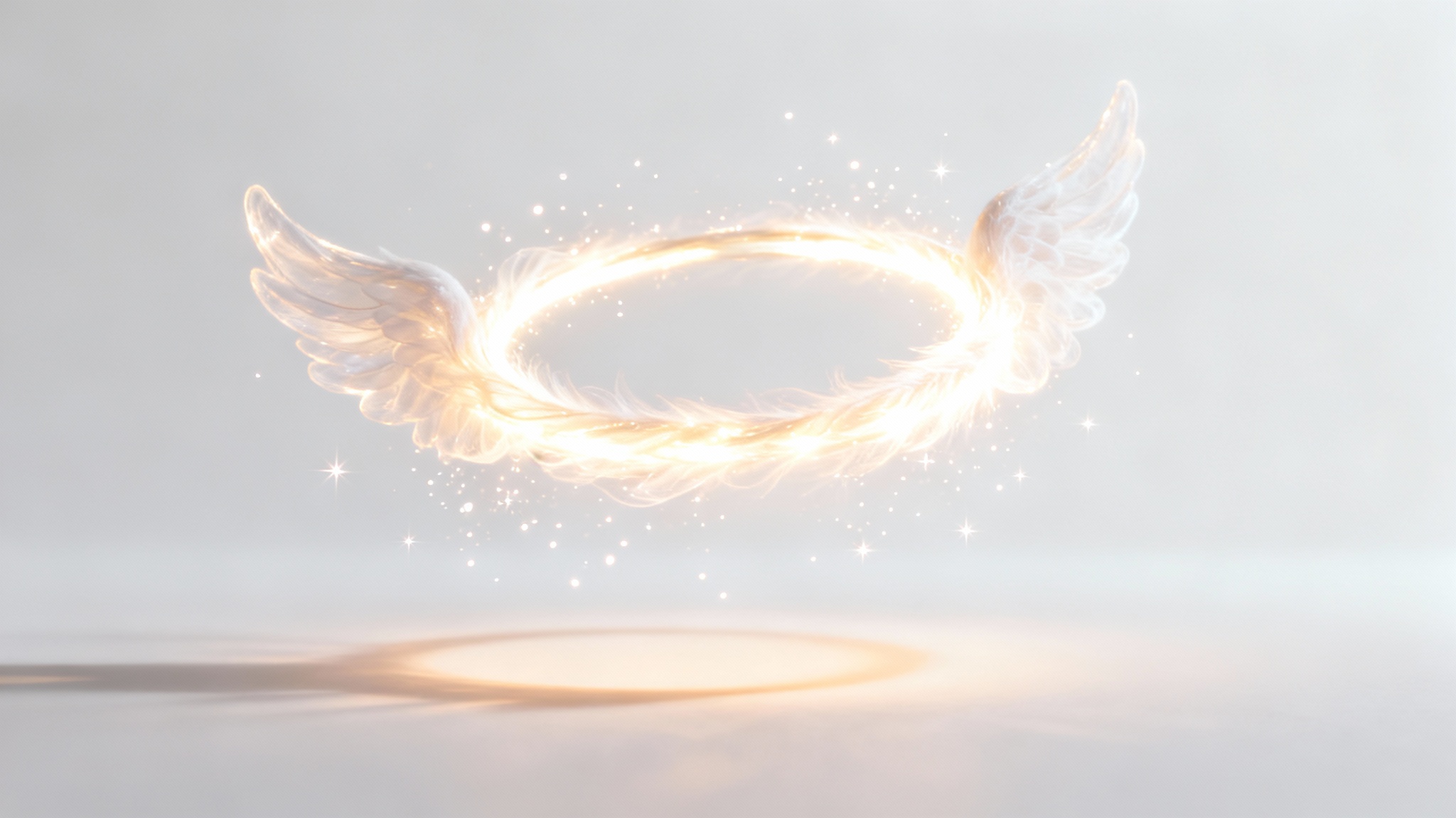 A photorealistic mockup of a glowing, luminous angel halo floating gracefully against a clean white background.