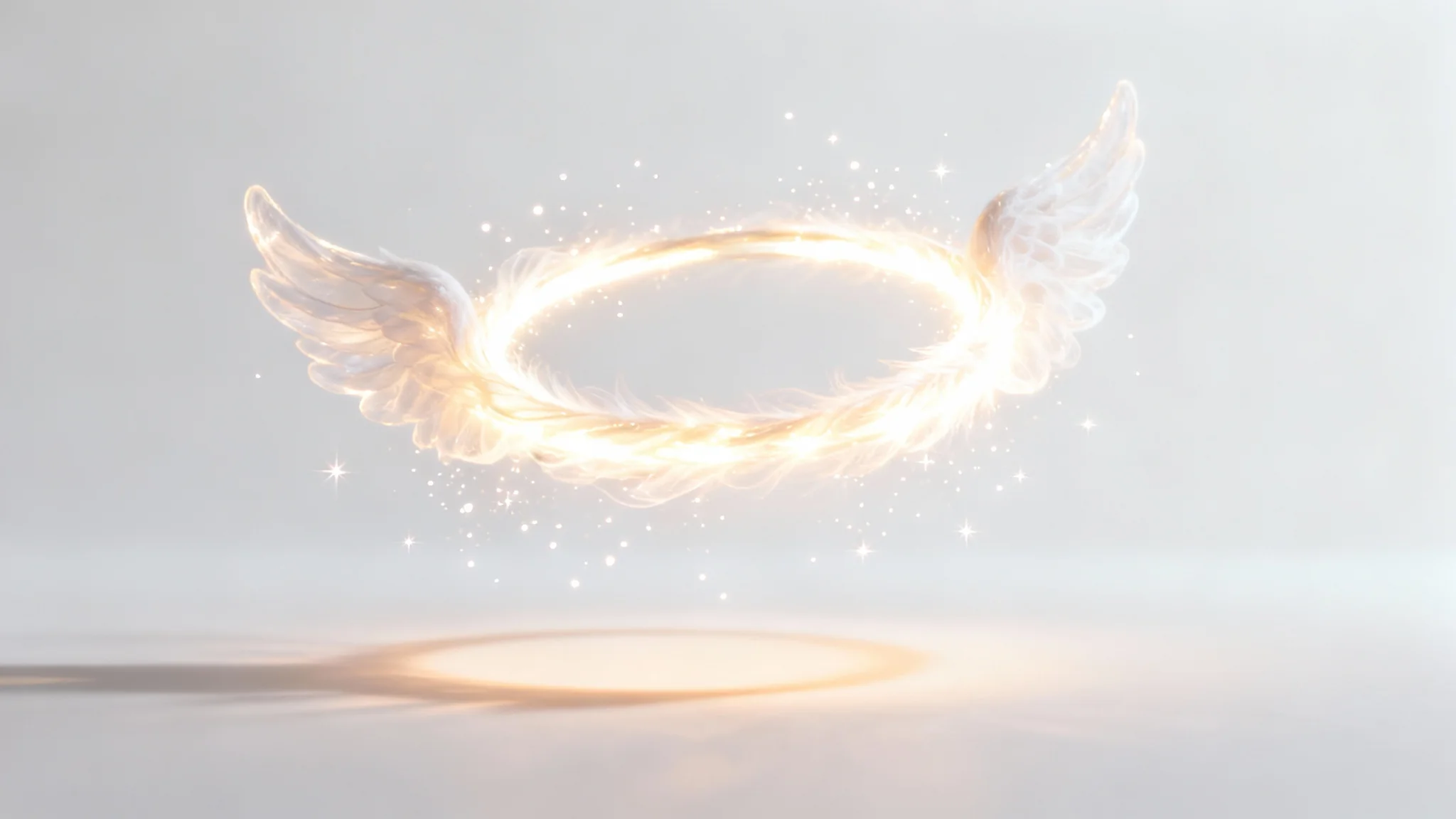 A photorealistic mockup of a glowing, luminous angel halo floating gracefully against a clean white background.
