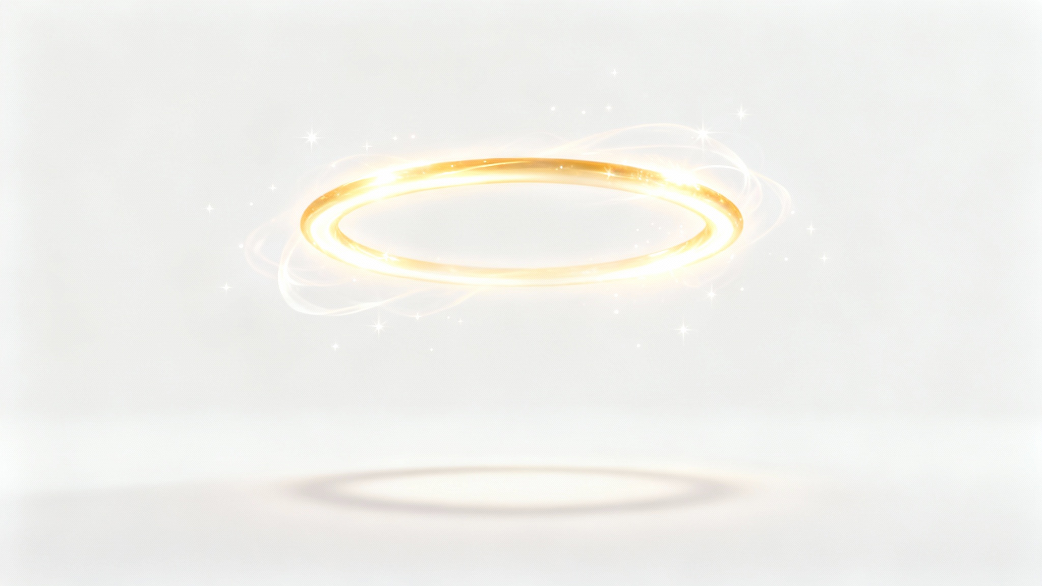 A photorealistic mockup of a glowing golden angel halo floating above a pure white background, casting a soft shadow.
