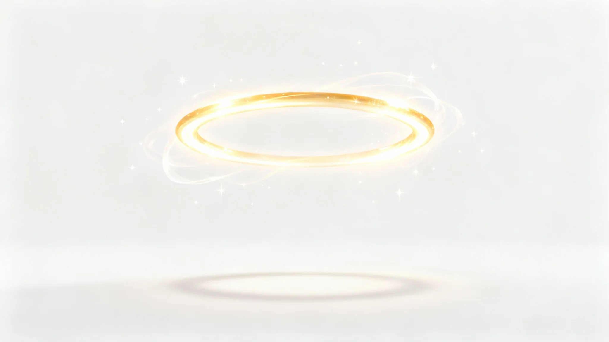 A photorealistic mockup of a glowing golden angel halo floating above a pure white background, casting a soft shadow.