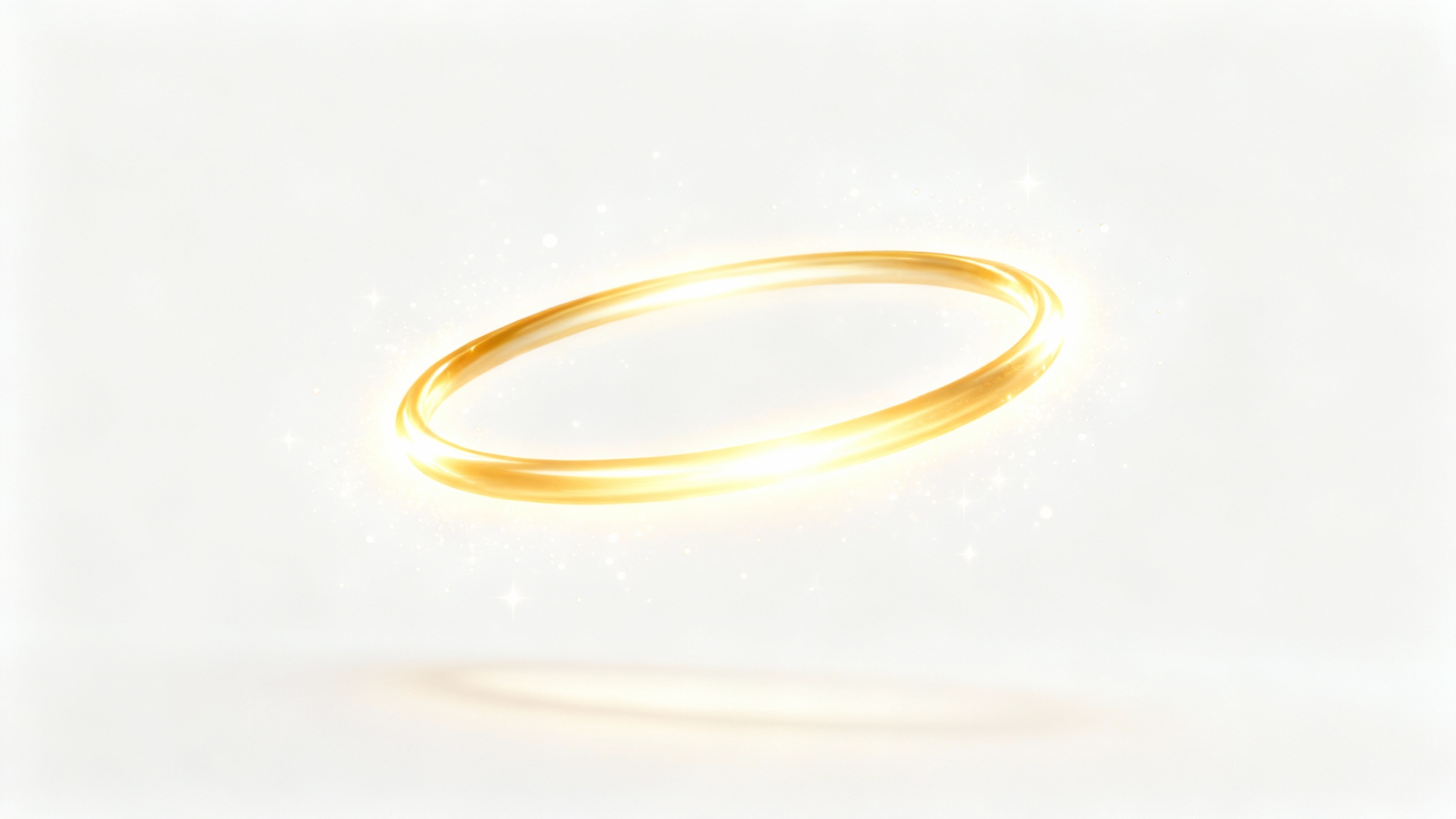 A close-up product shot of a glowing golden angel halo floating in the center against a clean white background, looking ethereal and divine.