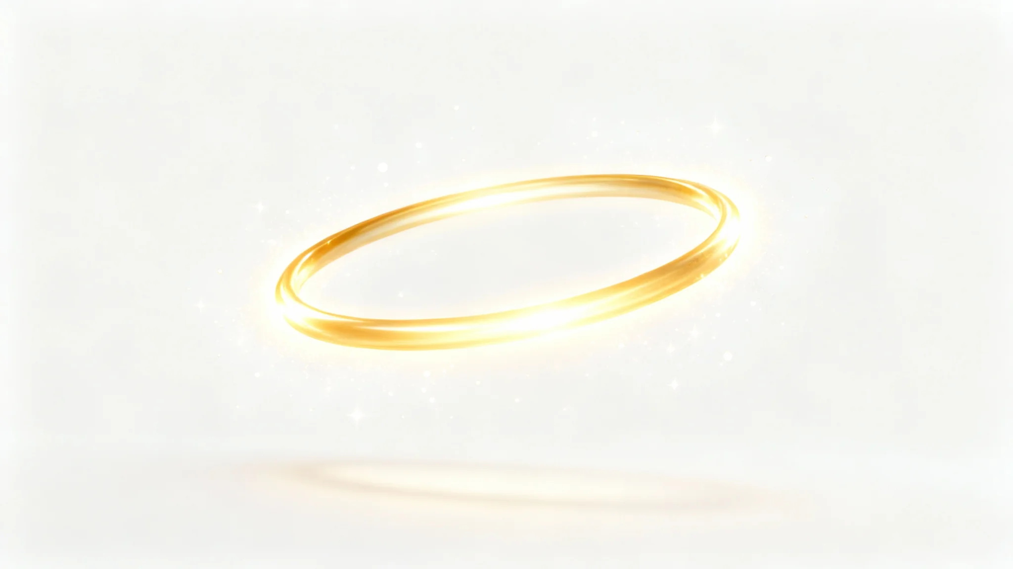 A close-up product shot of a glowing golden angel halo floating in the center against a clean white background, looking ethereal and divine.