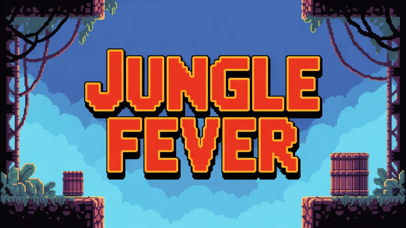 A hero image featuring the words 'JUNGLE FEVER' in a red, blocky, 8-bit font reminiscent of the classic Donkey Kong arcade game, set against a stylized game level background.