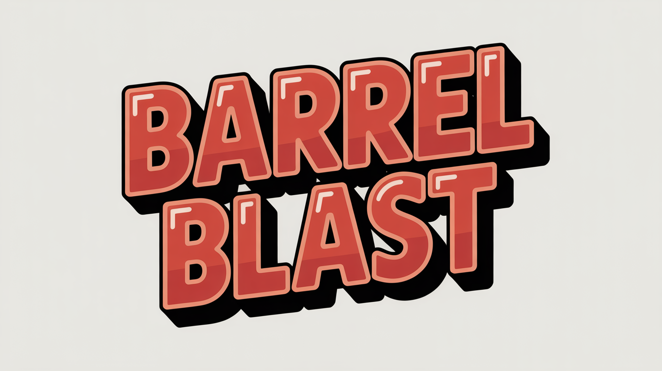 A typography mockup of the words 'BARREL BLAST' in a red, blocky, 3D font inspired by the classic Donkey Kong arcade game, presented against a clean white background.