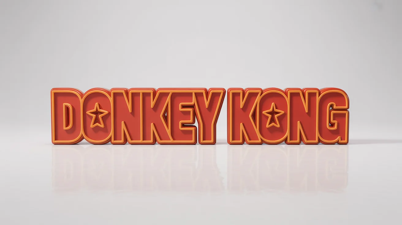A 3D typography mockup of the text 'DONKEY KONG' in a red and yellow blocky font, styled after the classic arcade video game, on a white background.