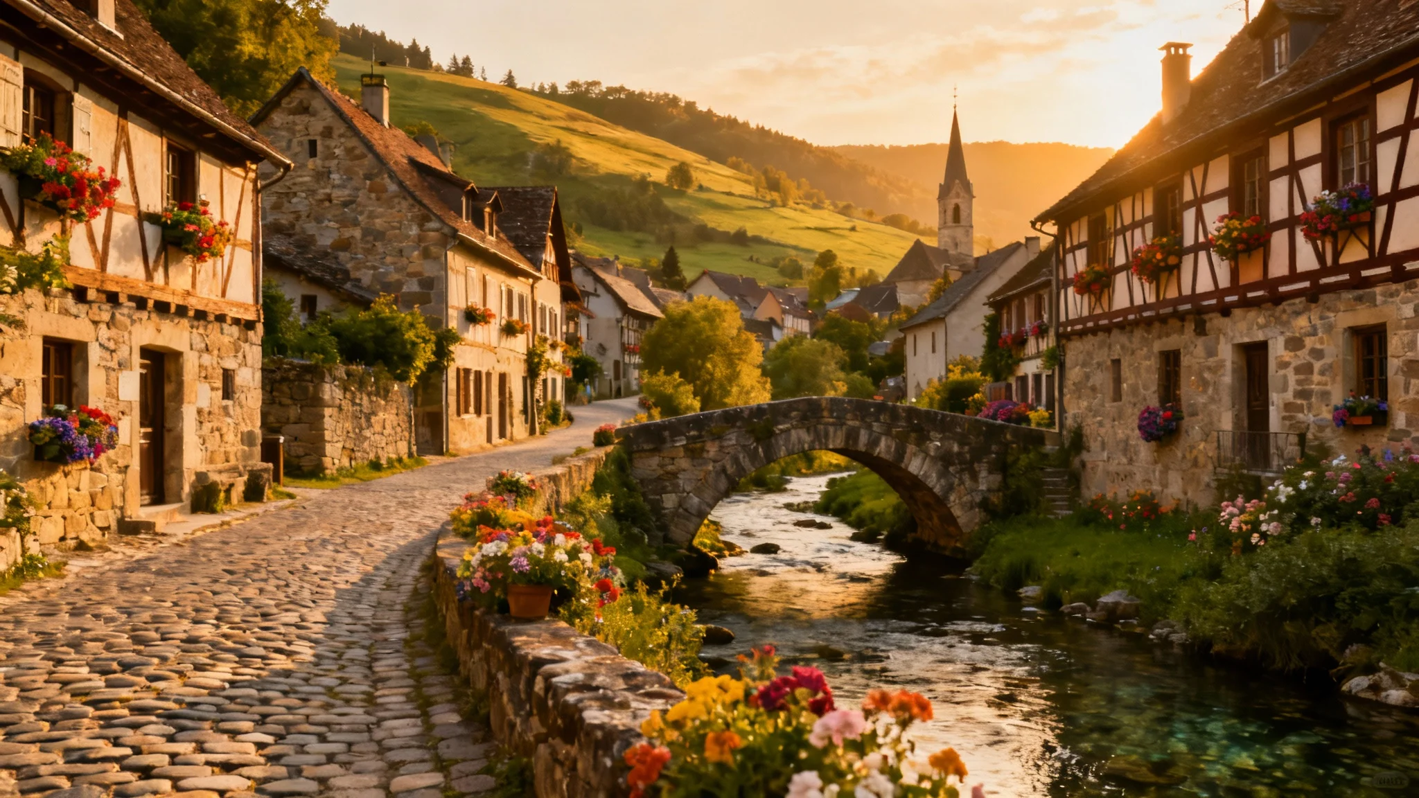 A stunning, wide-angle view of a picturesque European village at sunset, featuring cobblestone streets, charming cottages with flowers, a gentle river, and rolling green hills in the background.