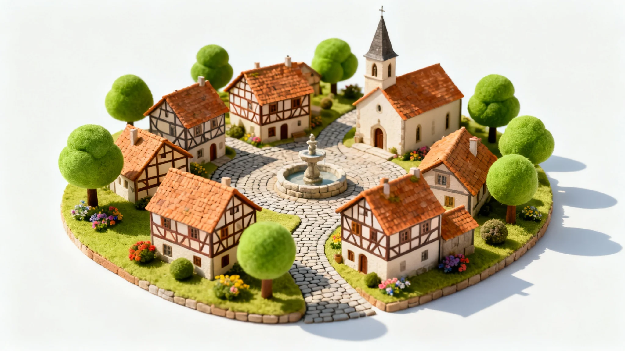 A miniature diorama of a quaint, picturesque village with colorful houses and a church, displayed against a solid white background in an isometric view.