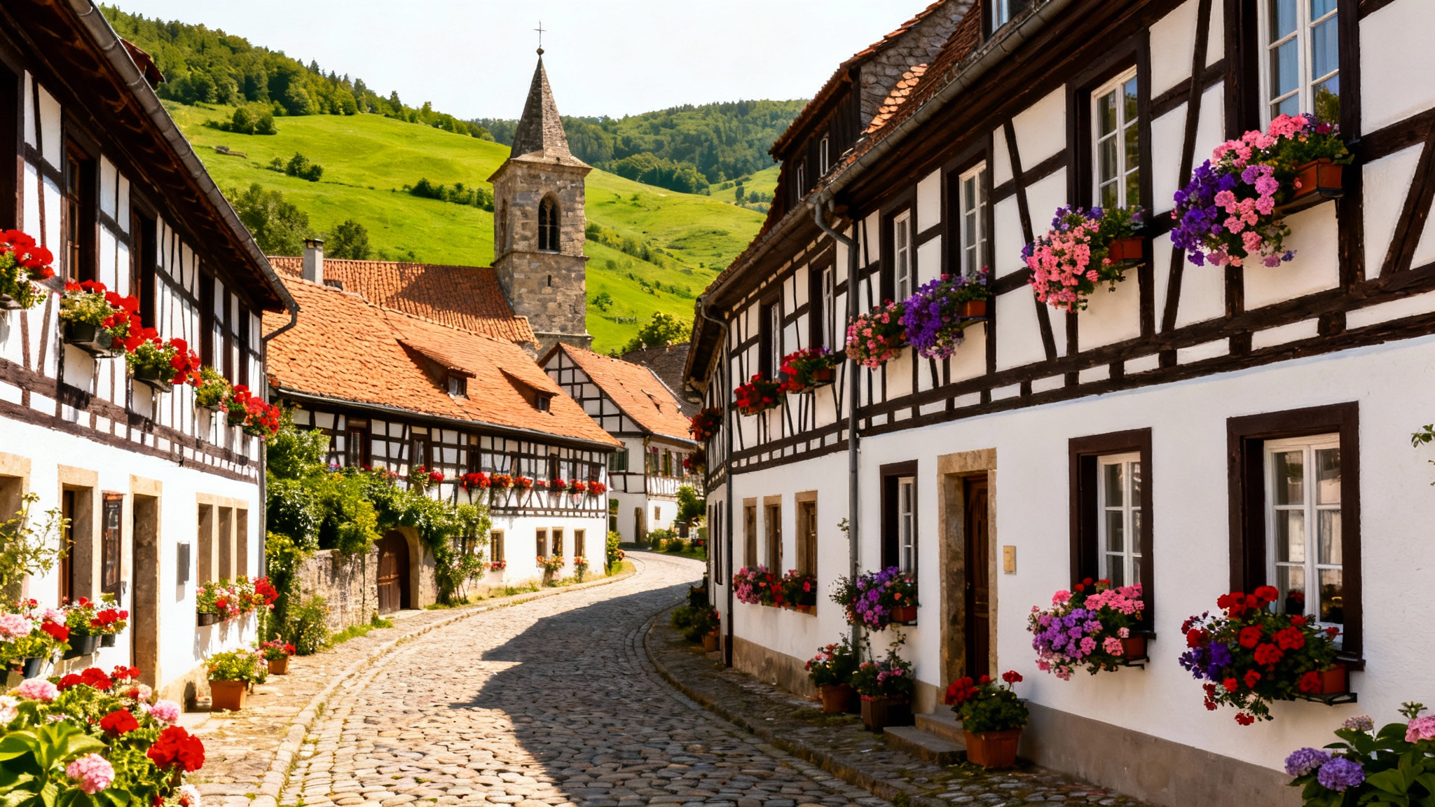 A sunny, picturesque European village with cobblestone streets and half-timbered houses, nestled in a lush green valley, presented as a mockup on a white background.