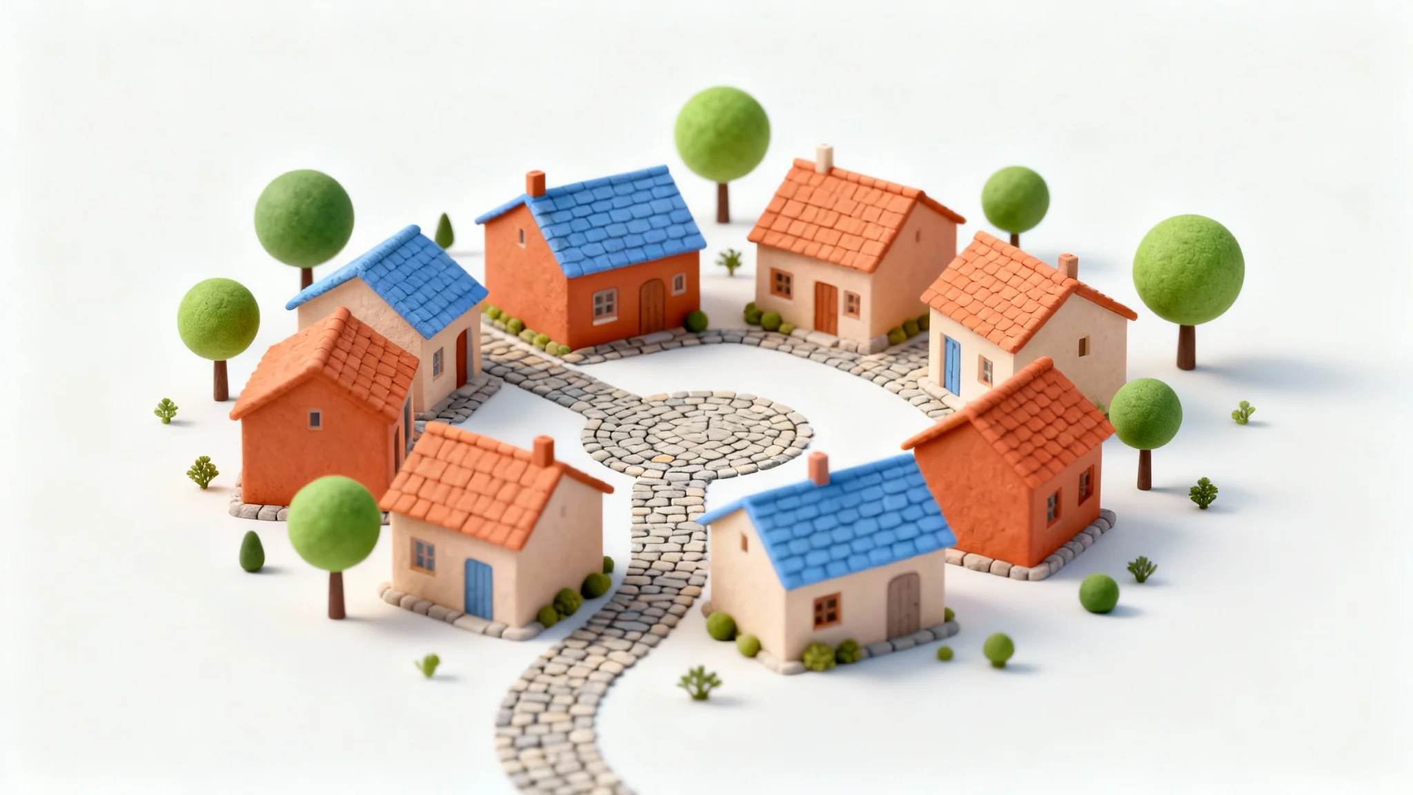 A 3D isometric mockup of a charming miniature village with colorful houses and trees, set against a plain white background.