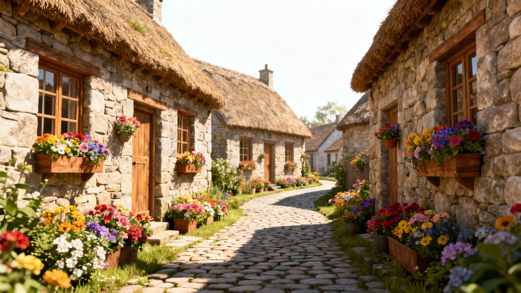 A picturesque digital rendering of a small, charming village with stone cottages and a cobblestone path, presented against a stark white background.