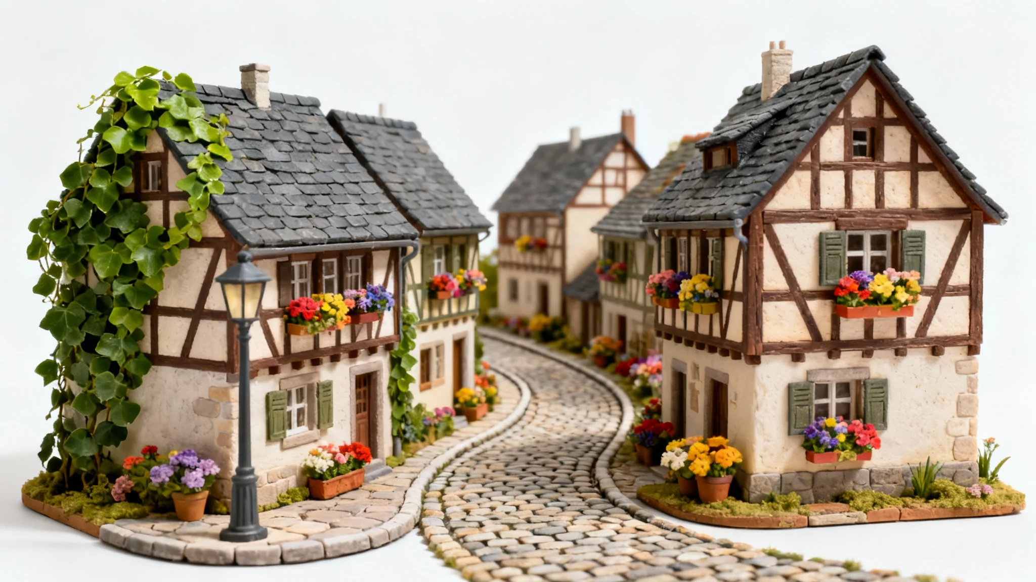 A photorealistic mockup of a charming miniature village with cobblestone paths and quaint houses, isolated on a clean white background.