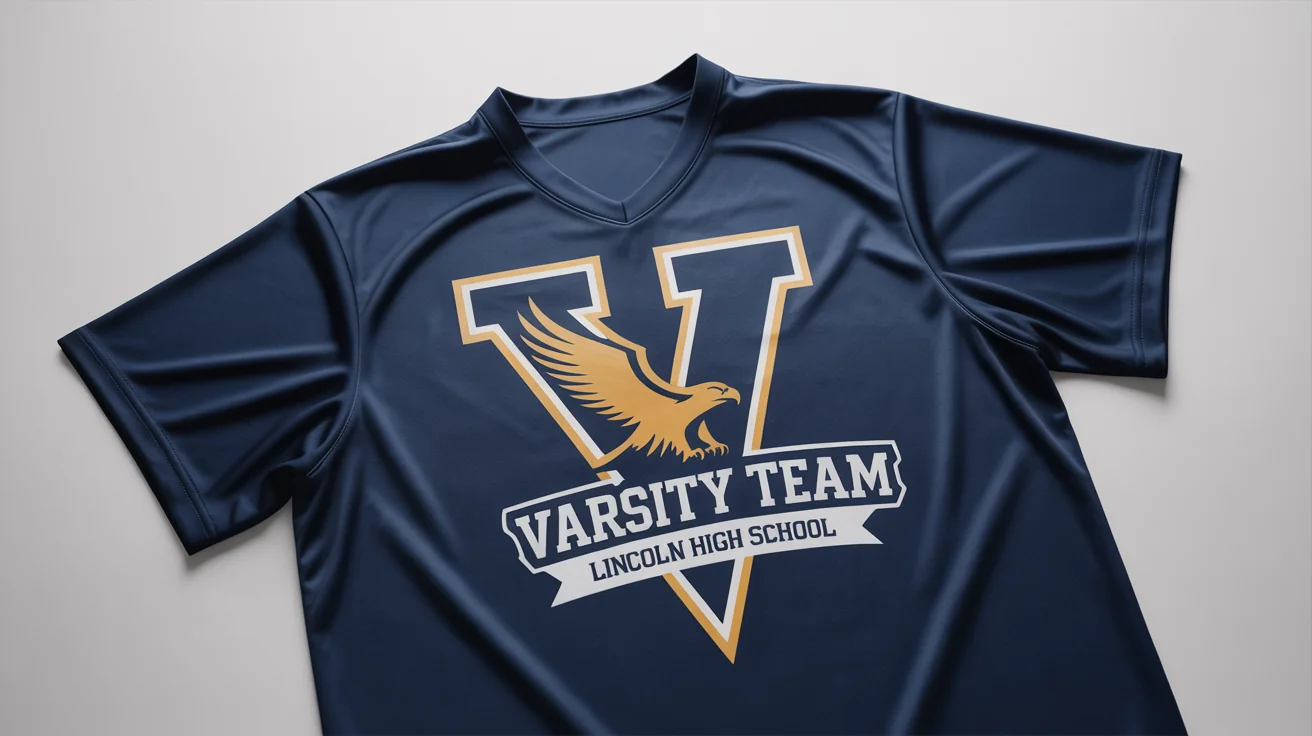 A professional mockup of a navy blue varsity jersey laid flat, featuring a final logo design with a letter 'V', an eagle, and the text 'Varsity Team' and 'Lincoln High School'.