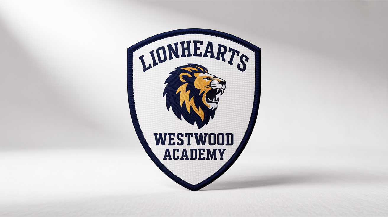 A photorealistic mockup of a shield-shaped varsity logo patch for the 'Westwood Academy Lionhearts', featuring a roaring lion and bold text, set against a clean white background.