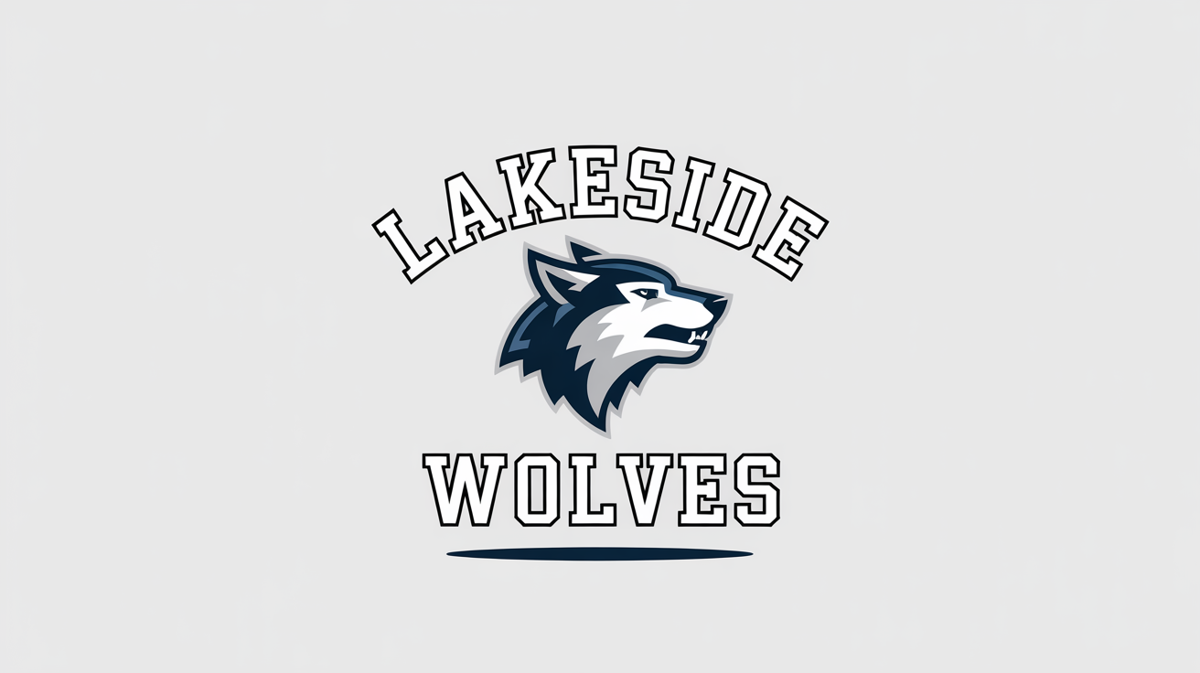 A classic varsity logo for the 'Lakeside Wolves' featuring a howling wolf head in navy blue and silver, with the team name in a collegiate font. The logo is on a white background.