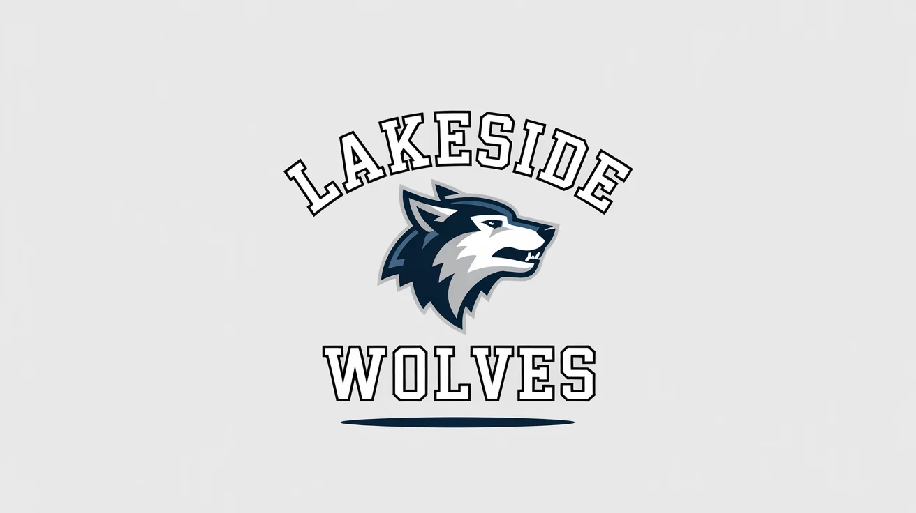A classic varsity logo for the 'Lakeside Wolves' featuring a howling wolf head in navy blue and silver, with the team name in a collegiate font. The logo is on a white background.
