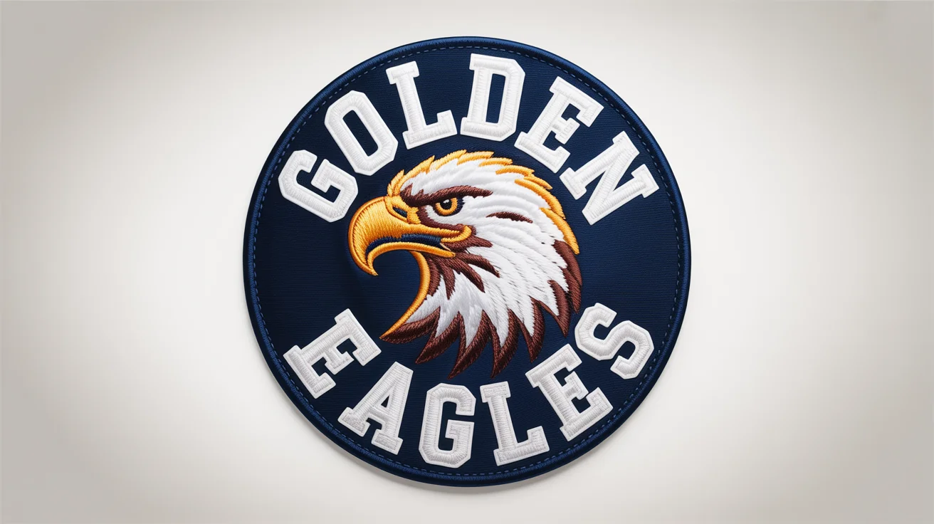 A professionally designed circular varsity logo patch for the 'Golden Eagles', featuring a detailed eagle mascot and bold text, showcased on a clean white background.