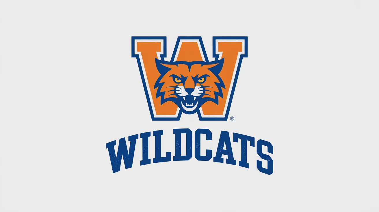 A classic varsity logo featuring a fierce wildcat mascot in royal blue and orange. The logo includes a large orange letter 'W' and the word 'WILDCATS' in an arched, royal blue font, all set against a white background.