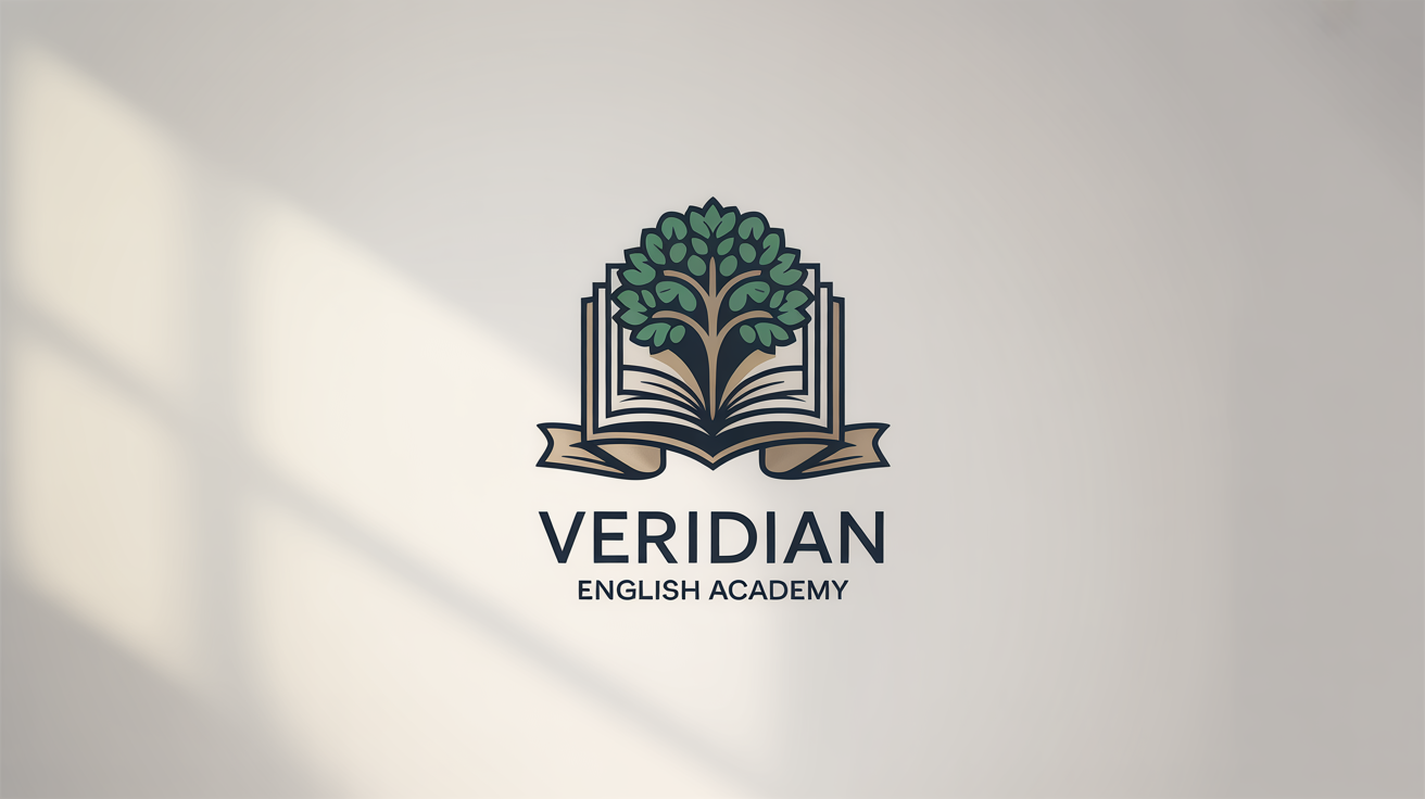 A professional logo for the 'Veridian English Academy', designed as a navy blue and gold crest featuring an open book and an oak tree.