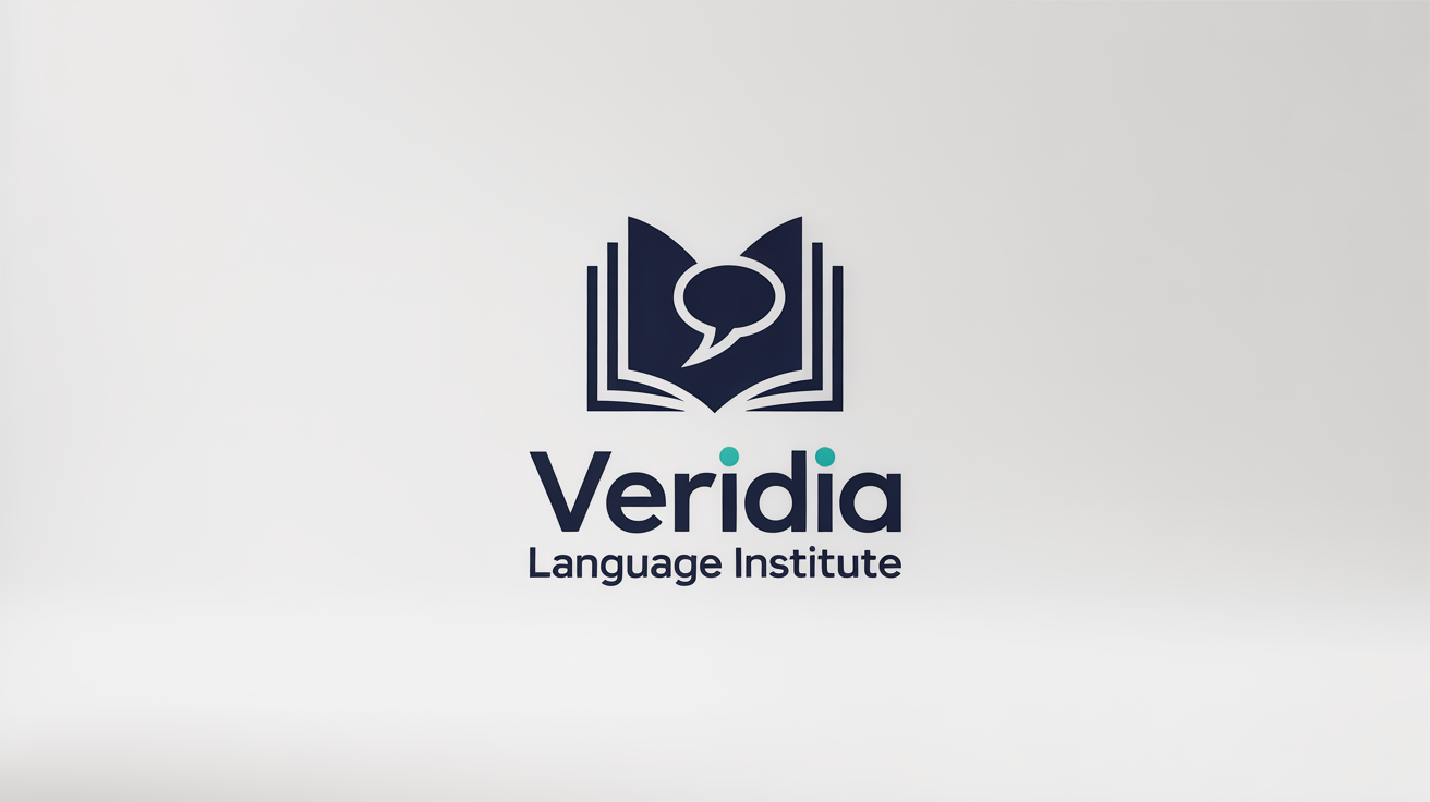A modern logo for an English academy named 'Veridia Language Institute'. The design features a navy blue and teal icon of an open book and speech bubble, with the name written below, all on a plain white background.