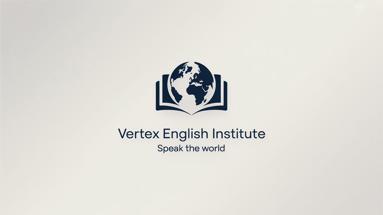 A modern logo for the 'Vertex English Institute', featuring a stylized blue and gold icon of a book and globe, presented on a clean white background.