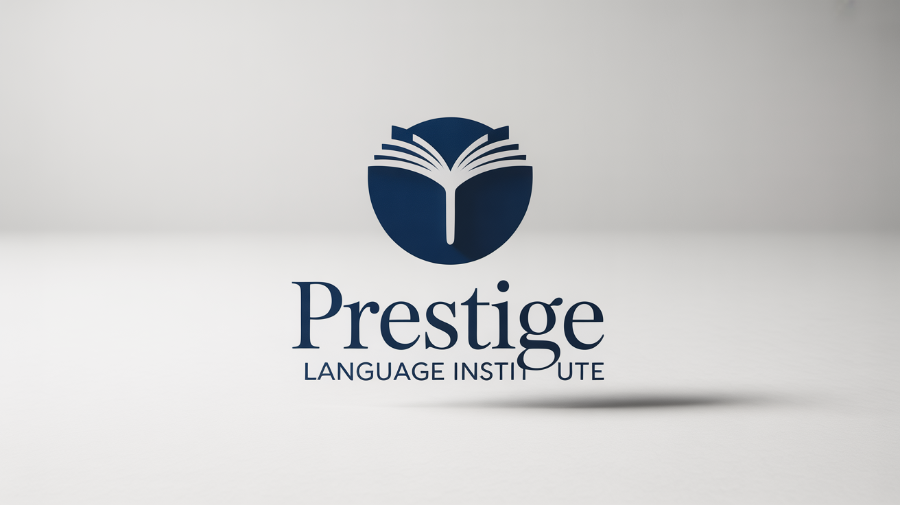 A modern logo mockup for an English academy named 'Prestige Language Institute'. The logo features a navy blue icon of an open book over a globe, set against a clean white background.