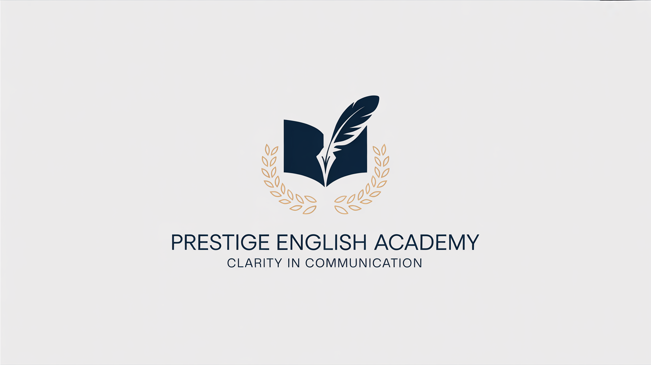 A professional logo for the 'Prestige English Academy'. The logo features a navy blue icon of an open book and a quill pen, partially encircled by a golden laurel wreath. The name and tagline 'Clarity in Communication' are written below.