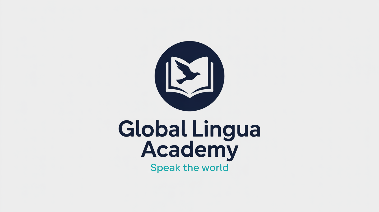 A modern logo for an English academy named 'Global Lingua Academy', featuring a circular emblem with a book and bird icon in navy blue and teal on a white background.