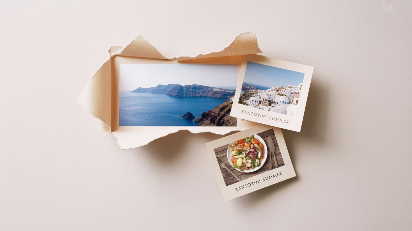 A beautiful digital collage showing photos of Santorini, where each photo is enhanced with a stylish ripped paper border effect, all arranged on a clean background.