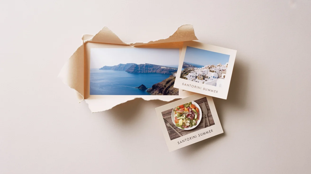 A beautiful digital collage showing photos of Santorini, where each photo is enhanced with a stylish ripped paper border effect, all arranged on a clean background.