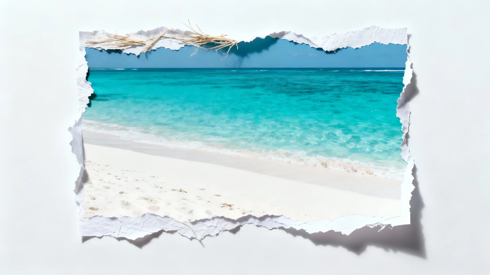 A mockup of a ripped paper border effect, showing a colorful beach photo with torn, textured edges placed on a clean white background.