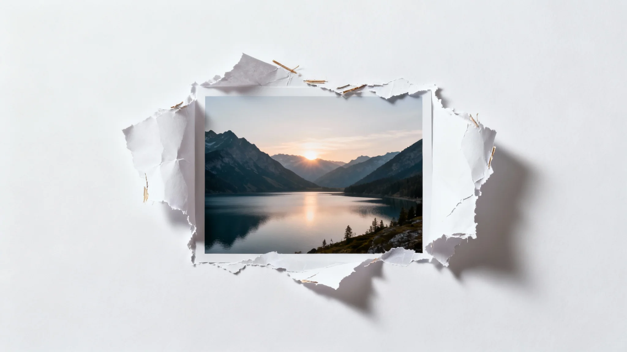 A mockup of a ripped paper border effect, featuring a landscape photograph with torn, jagged edges placed on a clean white background.