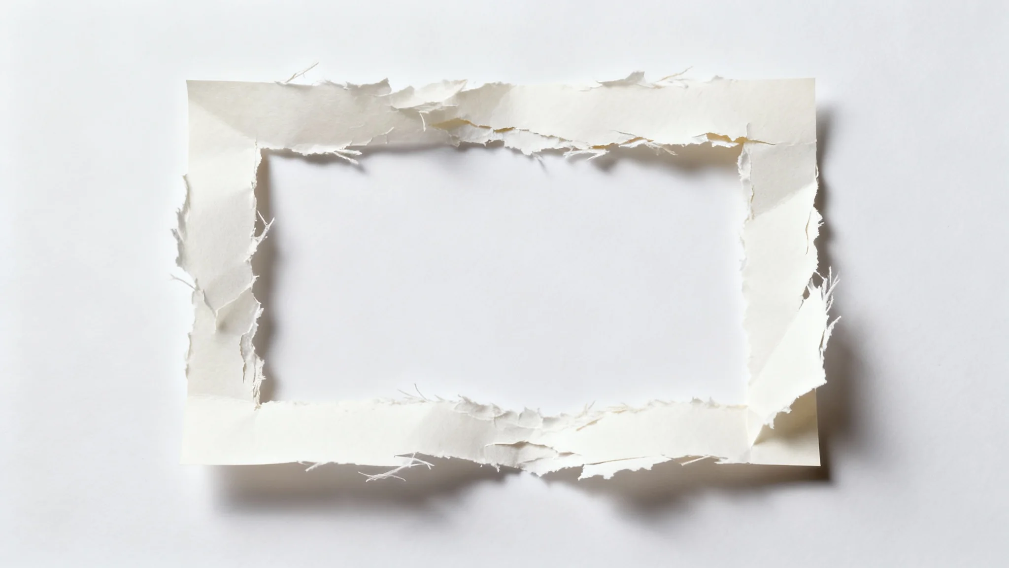 A photorealistic image of a rectangular frame made from off-white paper with rough, torn edges, creating a ripped paper border effect on a clean white background.