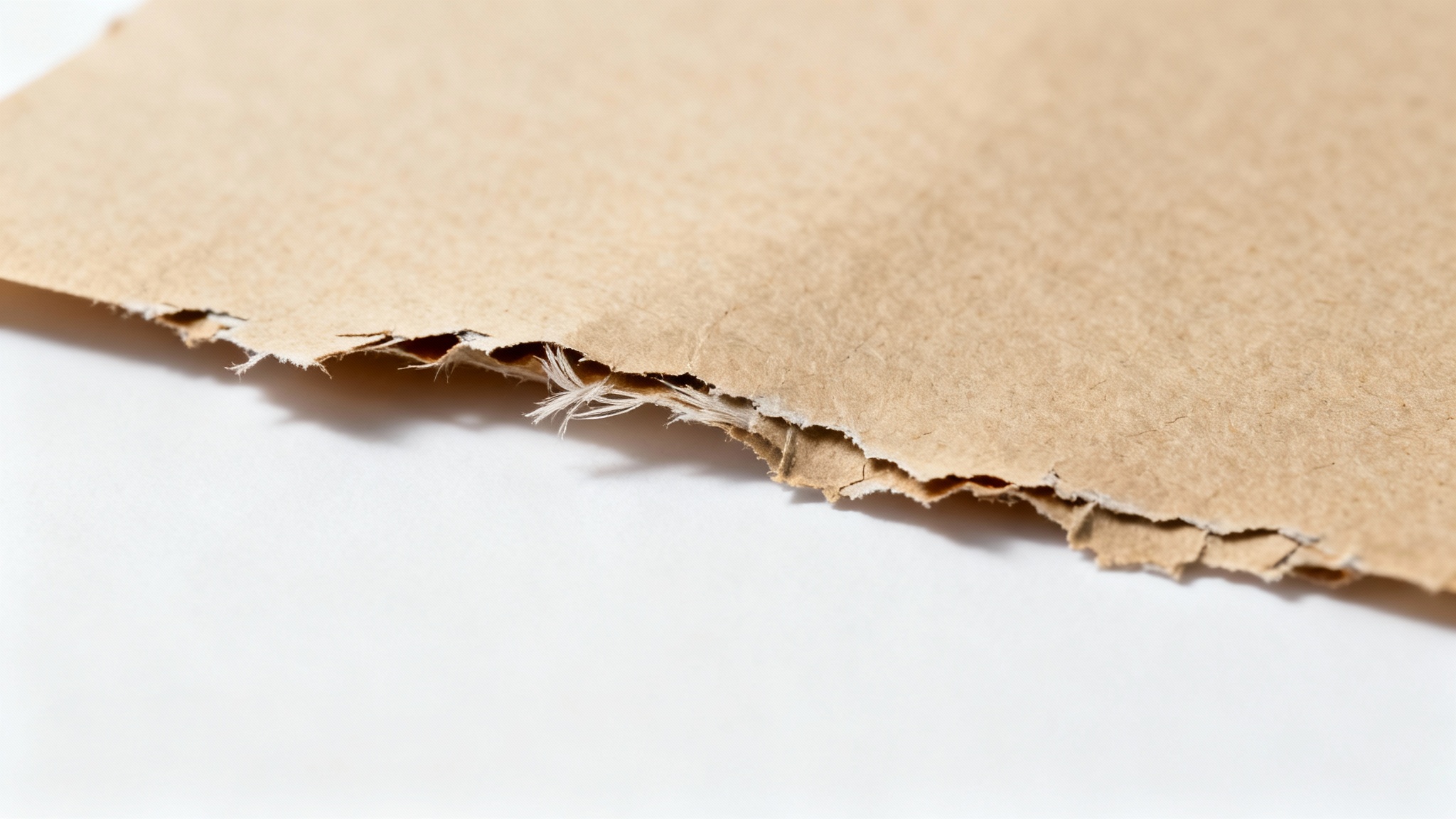 A piece of textured kraft paper with a detailed ripped border is shown against a clean white background, highlighting the organic tearing effect.