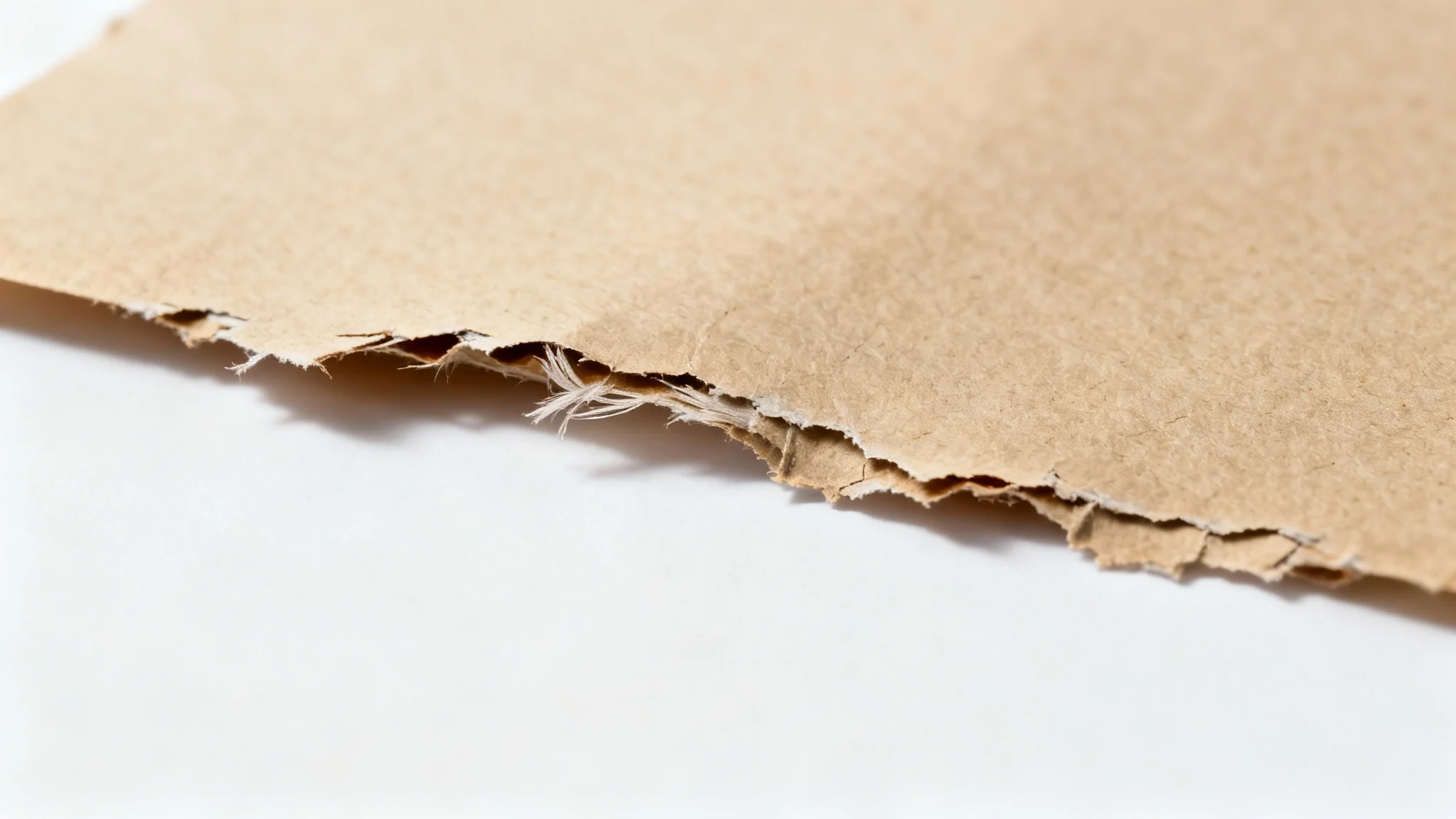 A piece of textured kraft paper with a detailed ripped border is shown against a clean white background, highlighting the organic tearing effect.