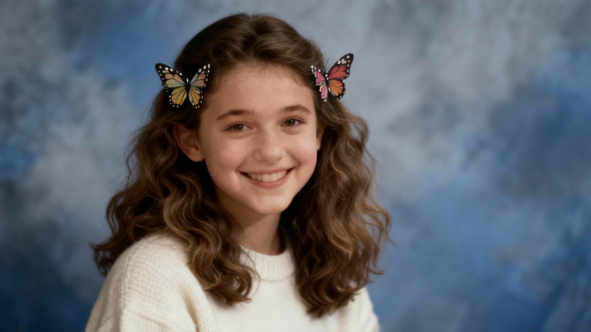 A polished 1990s-style yearbook headshot of a teenage girl with wavy hair and butterfly clips, smiling in front of a mottled blue studio background, representing the final output of a photo editing tool.