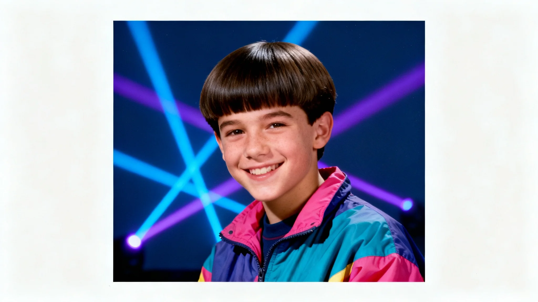 A 90s yearbook portrait of a teenage boy with a curtain haircut, smiling in front of a purple and blue laser background. The photo is displayed on a white background.