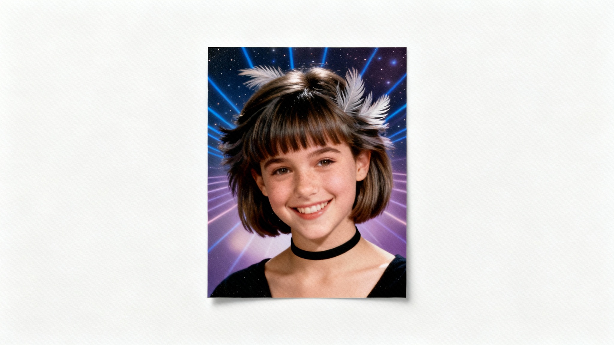 A mockup of a 90s yearbook portrait of a teenage girl with a feathered haircut, set against a classic blue laser background, representing a nostalgic photo style.