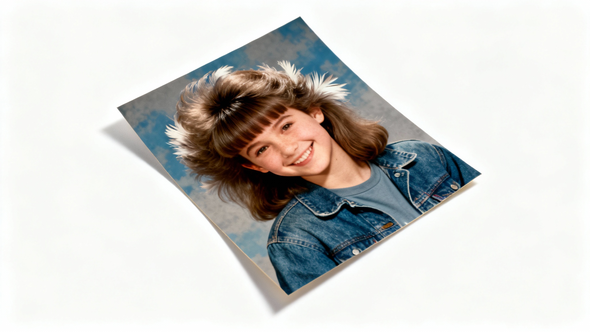 A nostalgic 90s-style yearbook portrait of a smiling teenage girl with big hair, presented as a photo print on a clean white background.
