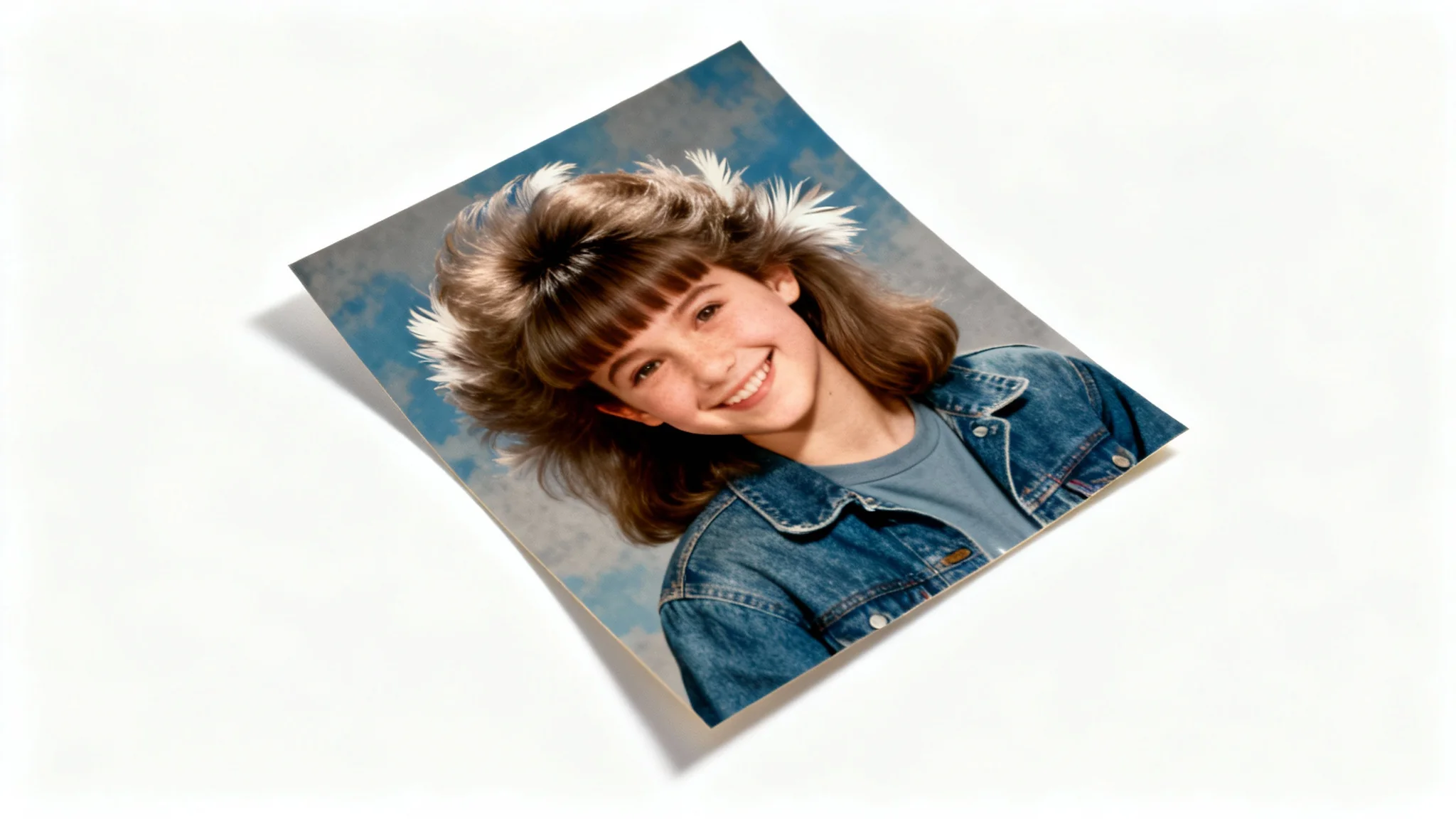 A nostalgic 90s-style yearbook portrait of a smiling teenage girl with big hair, presented as a photo print on a clean white background.
