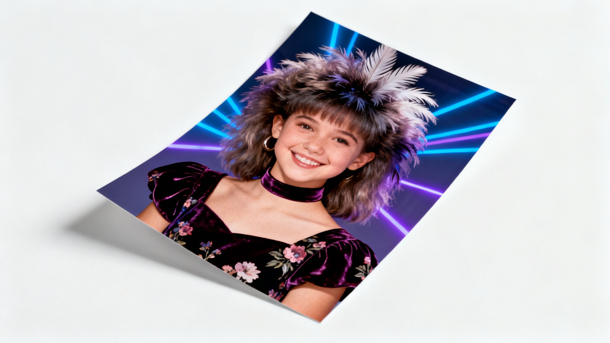 A mockup of a 90s yearbook photo featuring a smiling teenage girl with big hair against a blue and purple laser background, displayed on a white surface.