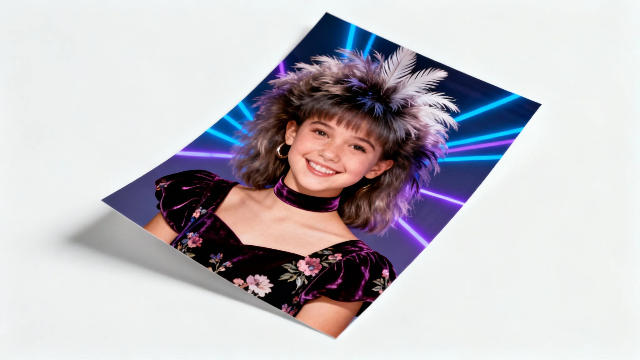 A mockup of a 90s yearbook photo featuring a smiling teenage girl with big hair against a blue and purple laser background, displayed on a white surface.