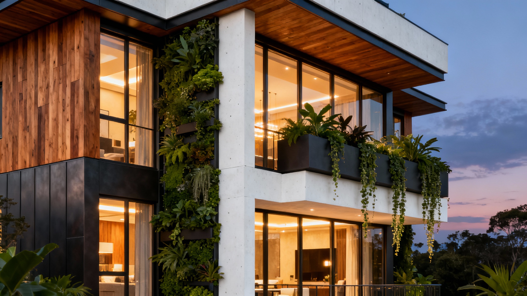 A stunning photorealistic rendering of a luxurious and modern apartment building's exterior at dusk, showcasing a mix of wood, metal, and concrete materials with integrated vertical gardens and large windows.