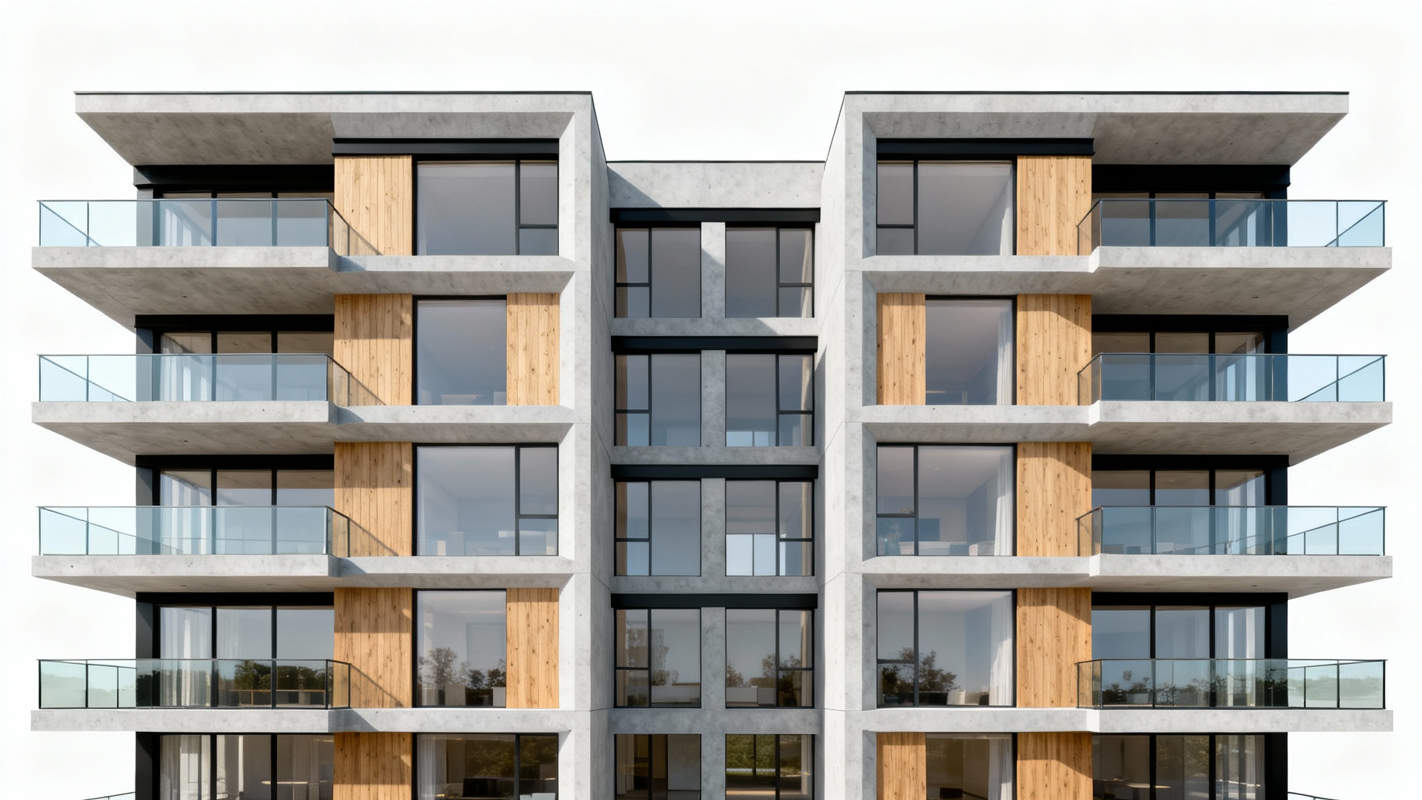 A photorealistic architectural rendering of a modern apartment building's front elevation, showcasing a contemporary design with wood, concrete, and glass elements, isolated on a white background.