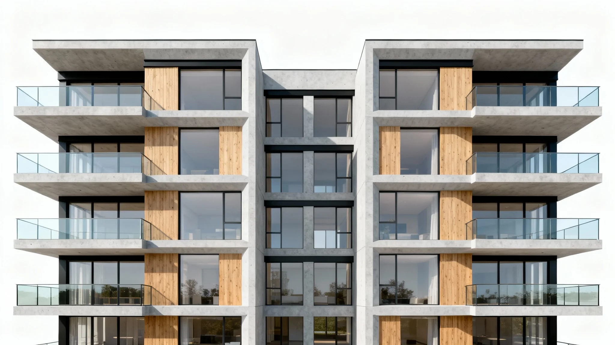 A photorealistic architectural rendering of a modern apartment building's front elevation, showcasing a contemporary design with wood, concrete, and glass elements, isolated on a white background.