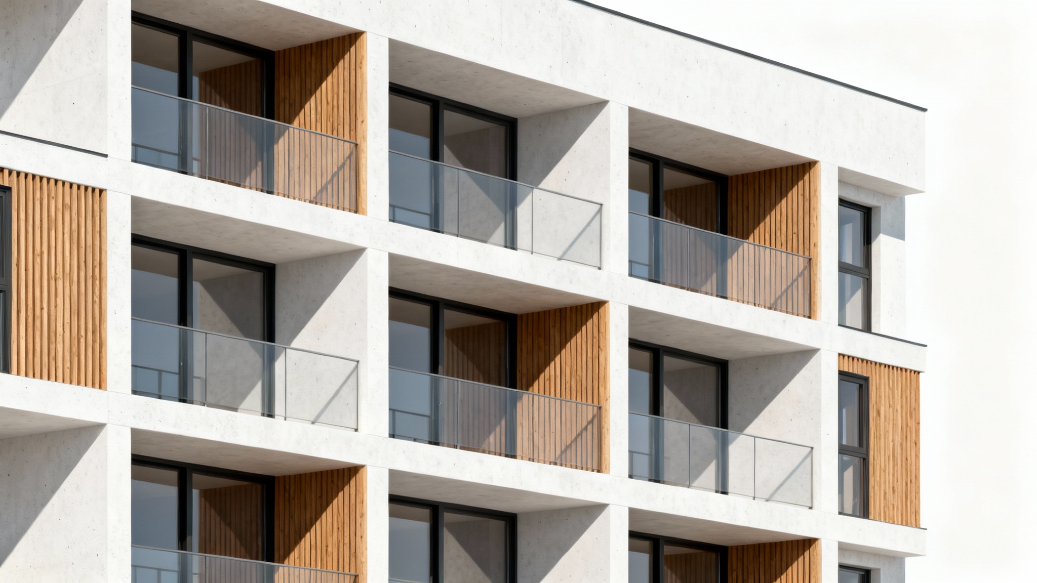 A modern apartment building elevation design, showcasing a sleek facade with a blend of white concrete, wood paneling, and large glass windows against a solid white background.